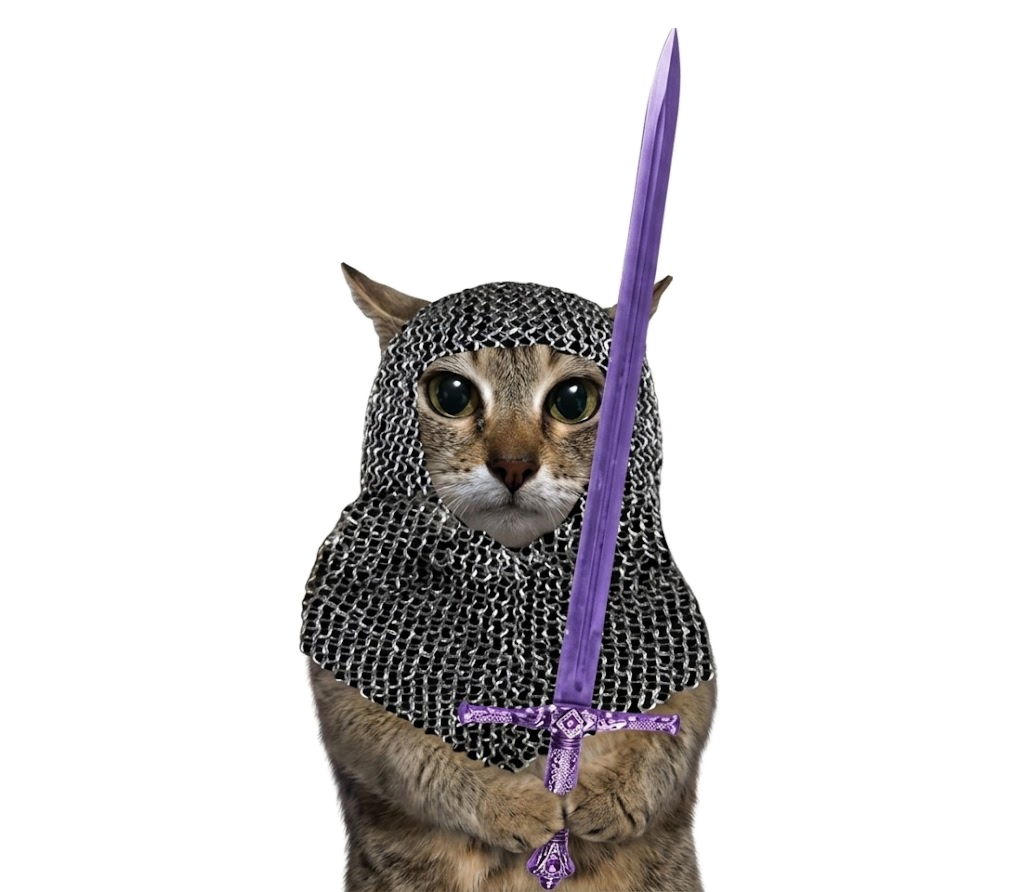 Sir Chainmail, a knight cat in chainmail with a purple sword